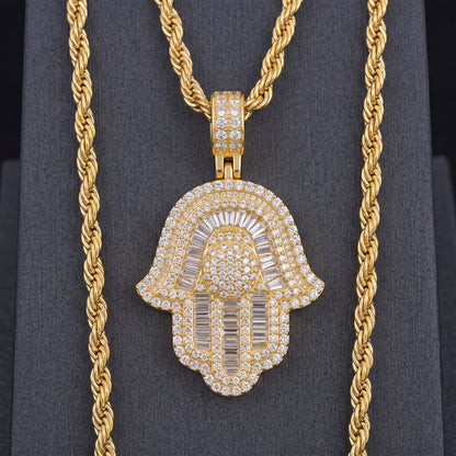 Yellow Gold Baguette Hamsa Hand Pendant