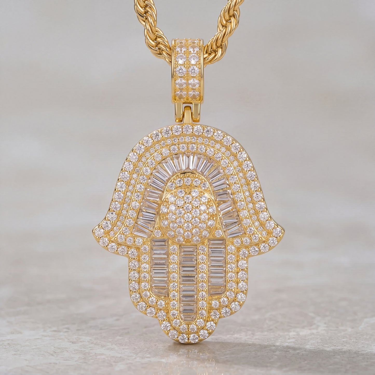 Yellow Gold Baguette Hamsa Hand Pendant