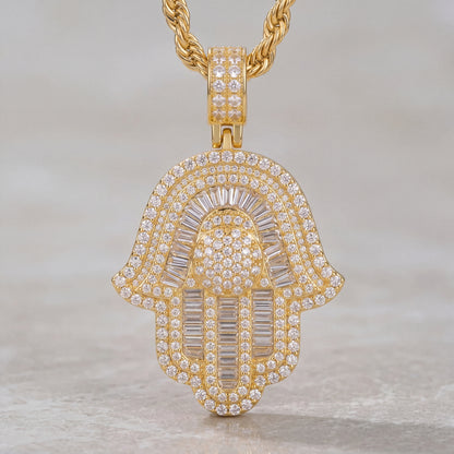 Yellow Gold Baguette Hamsa Hand Pendant