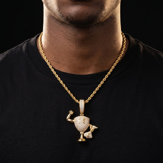 Trophy cup pendant with flexed arm holding a money bag, iced with moissanite