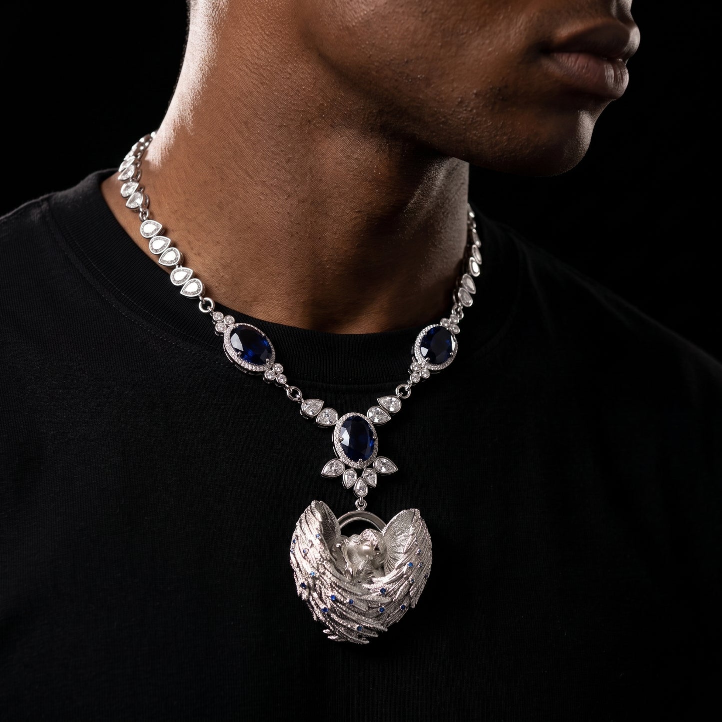 Iced Angel Blue Sapphire Pear Cut Pendant