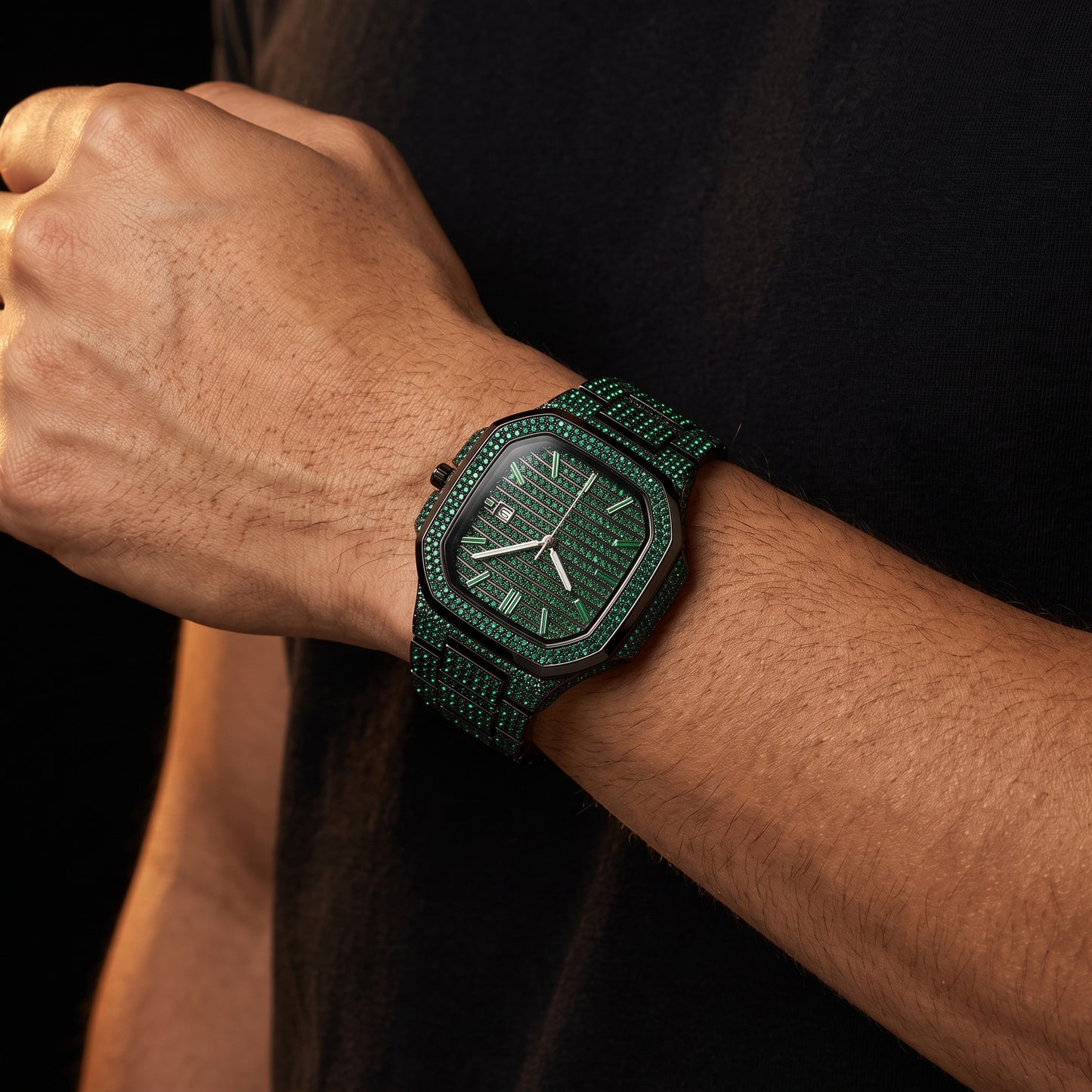 Green Iced Square Face Black Metal Watch