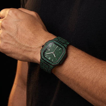Green Iced Square Face Black Metal Watch