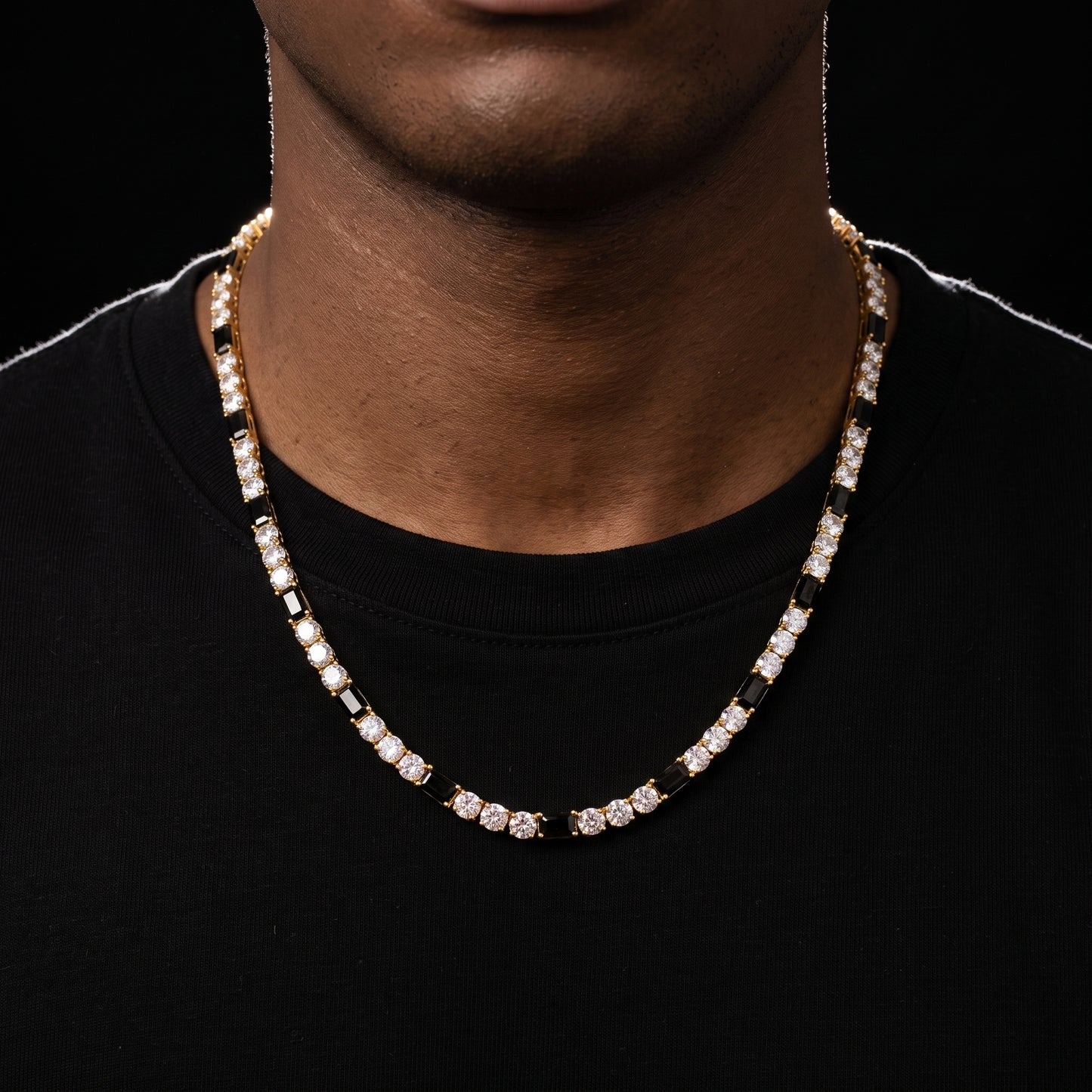 Black Baguette White Round Stone Tennis Chain