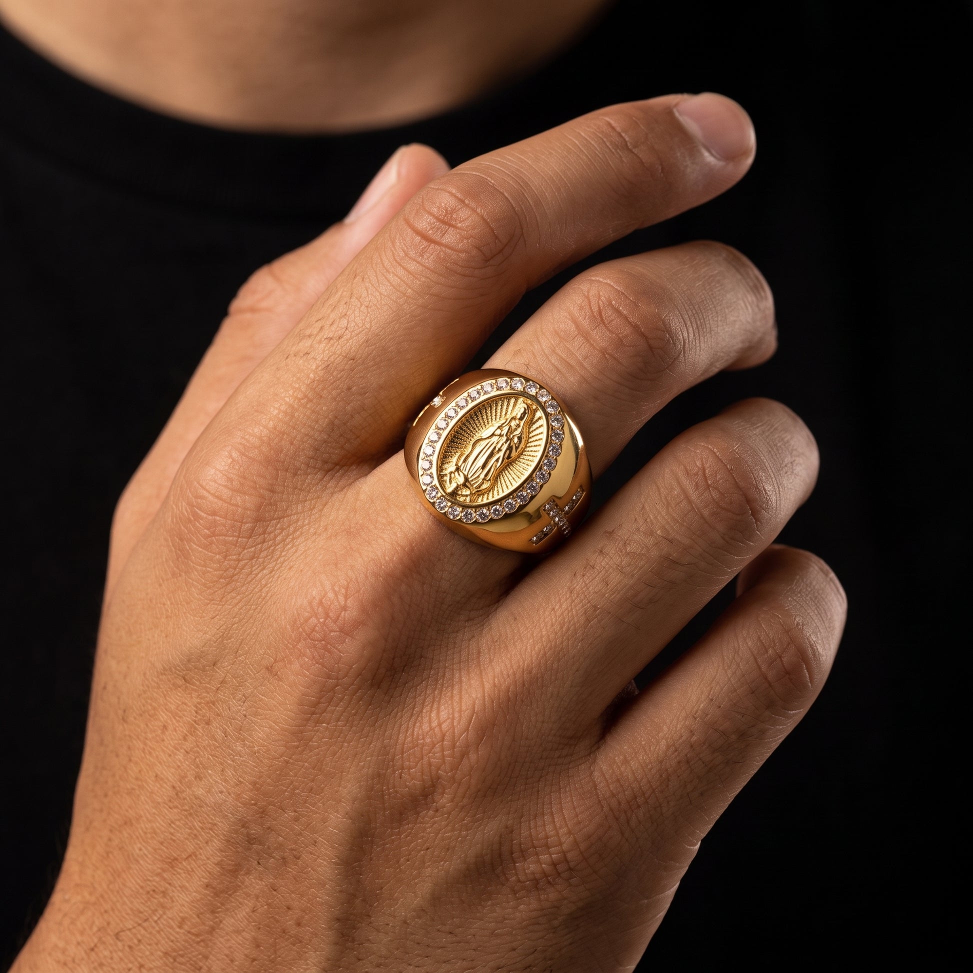 Iced Virgin Mary Cross Signet Ring - Different Drips