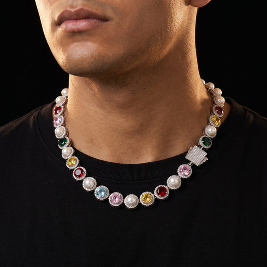 Pearl Multicolor Gemstone Halo Link Chain