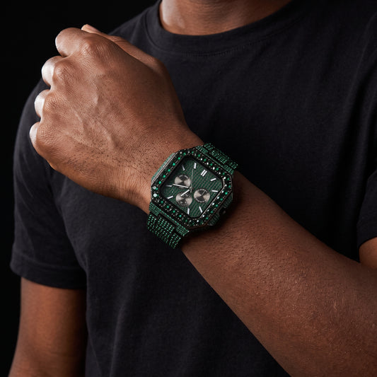 Iced Emerald Green Square Chronograph Watch
