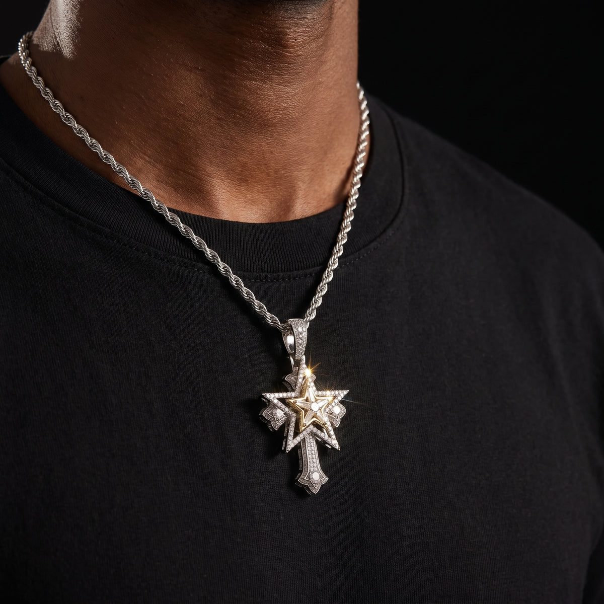 Iced Five Star Cross Pendant - Different Drips