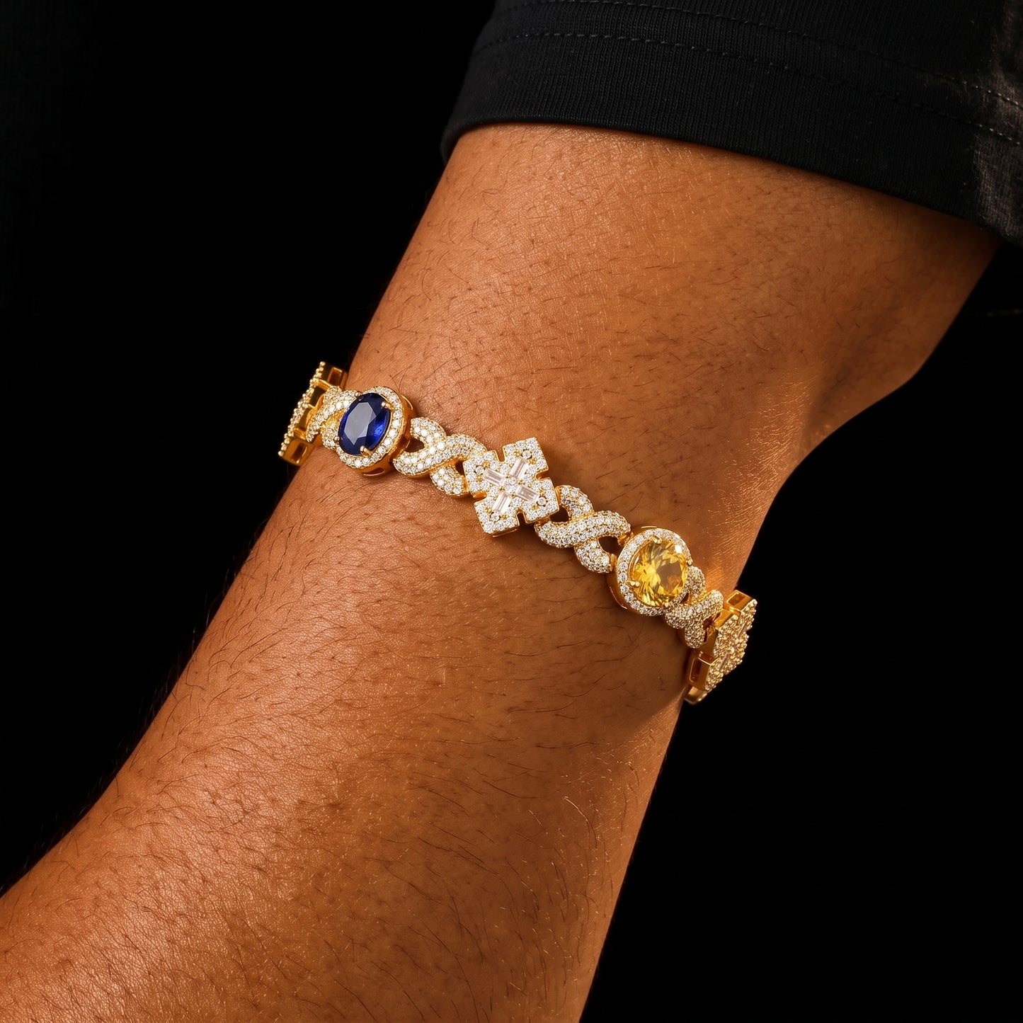 Infinity-Link Bracelet with Canary & Sapphire-Blue Rounds, Cross Center - Different Drips
