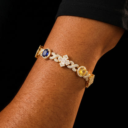 Infinity-Link Bracelet with Canary & Sapphire-Blue Rounds, Cross Center - Different Drips