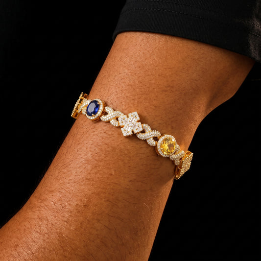 Infinity-Link Bracelet with Canary & Sapphire-Blue Rounds, Cross Center - Different Drips