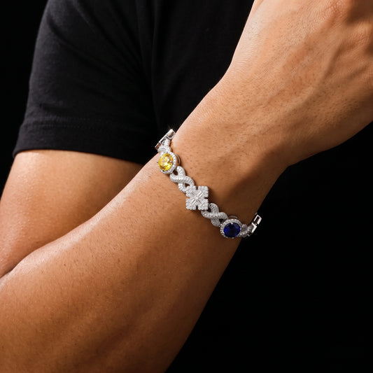 Infinity-Link Bracelet with Canary & Sapphire-Blue Rounds, Cross Center - Different Drips