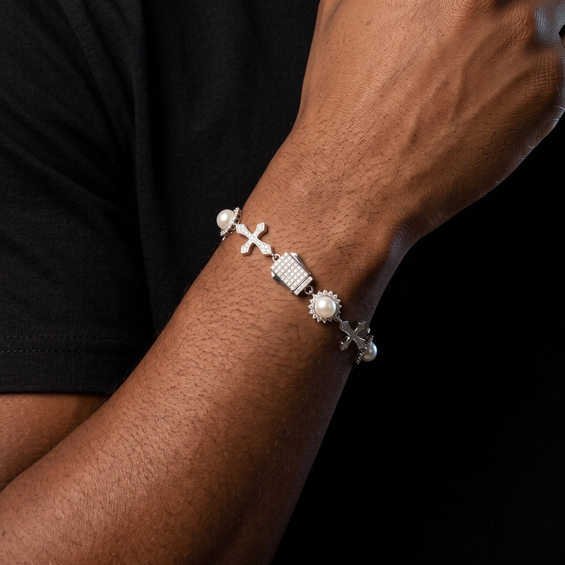 12mm S925 Moissanite Cross Link Pearl Cluster Bracelet - Different Drips