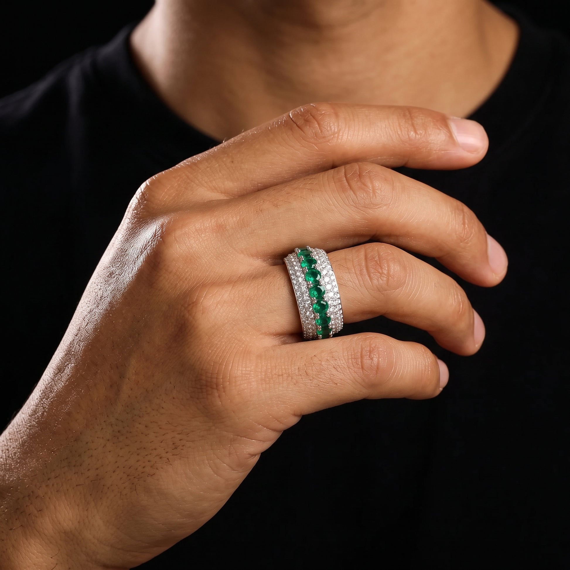 Created Emerald & D Color Moissanite Eternity Band - Different Drips