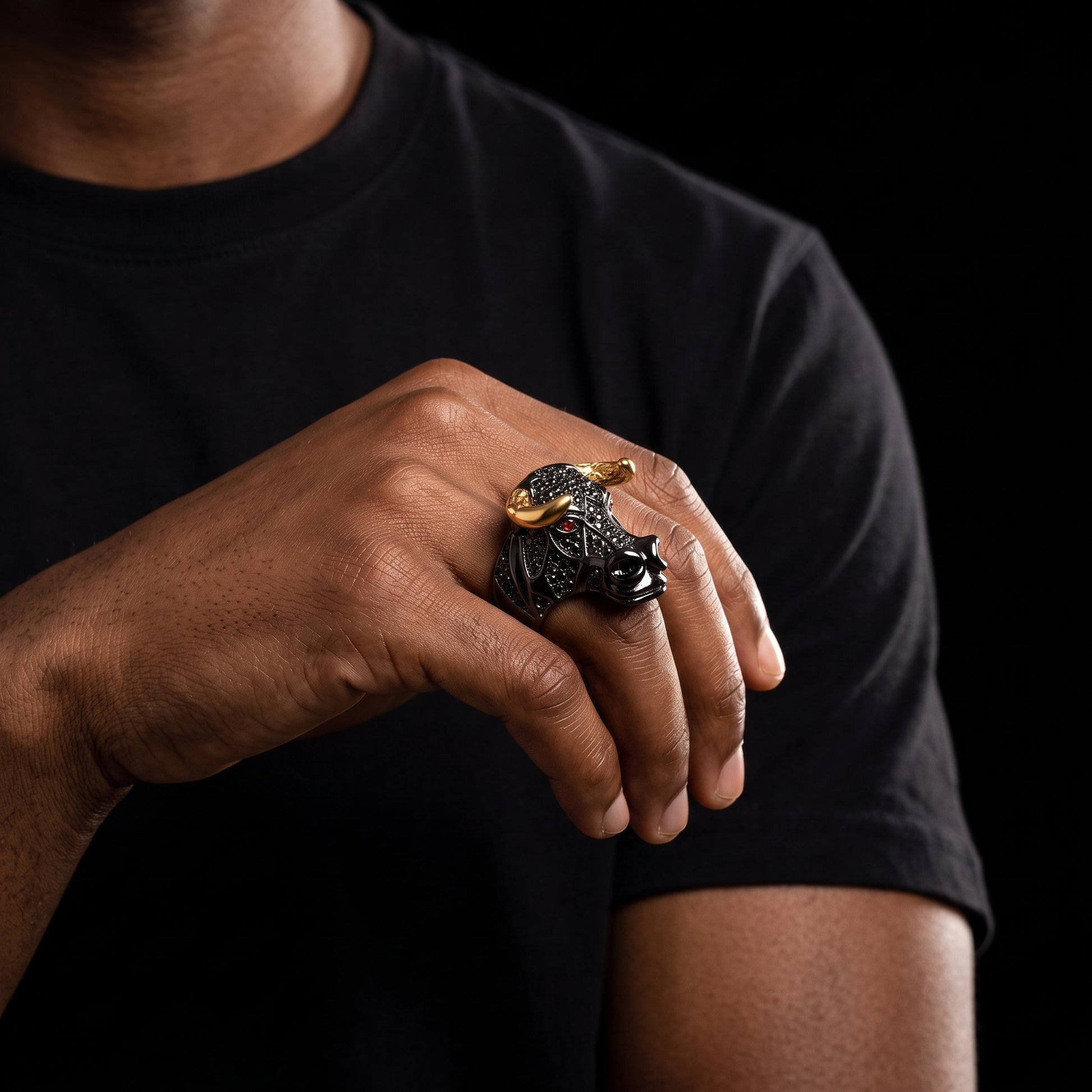 Black Pavé Bull Head Ring - Different Drips