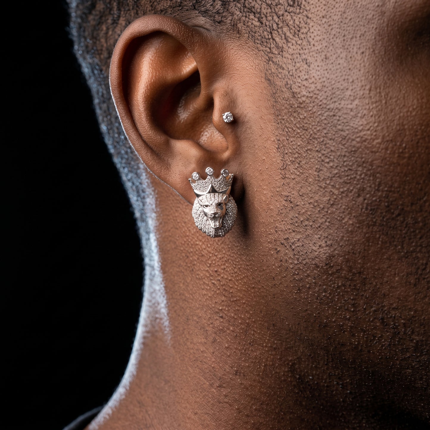 925 Sterling Silver Iced Crowned Lion Head Stud Earrings - Different Drips