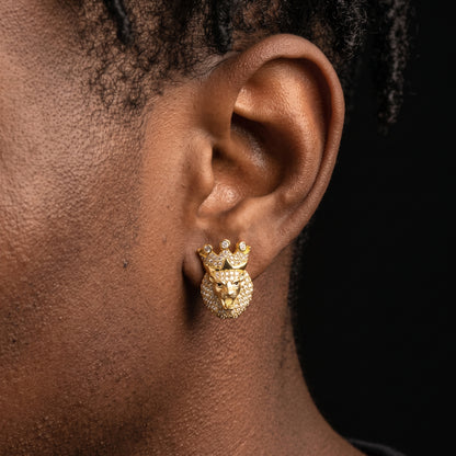 925 Sterling Silver Iced Crowned Lion Head Stud Earrings - Different Drips