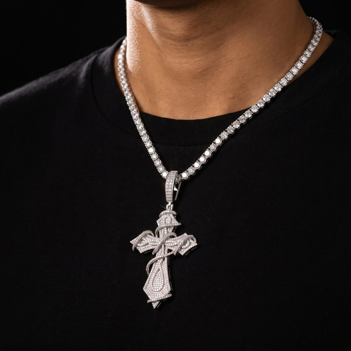 Fully Iced Ornate Moissanite Cross Pendant - Different Drips