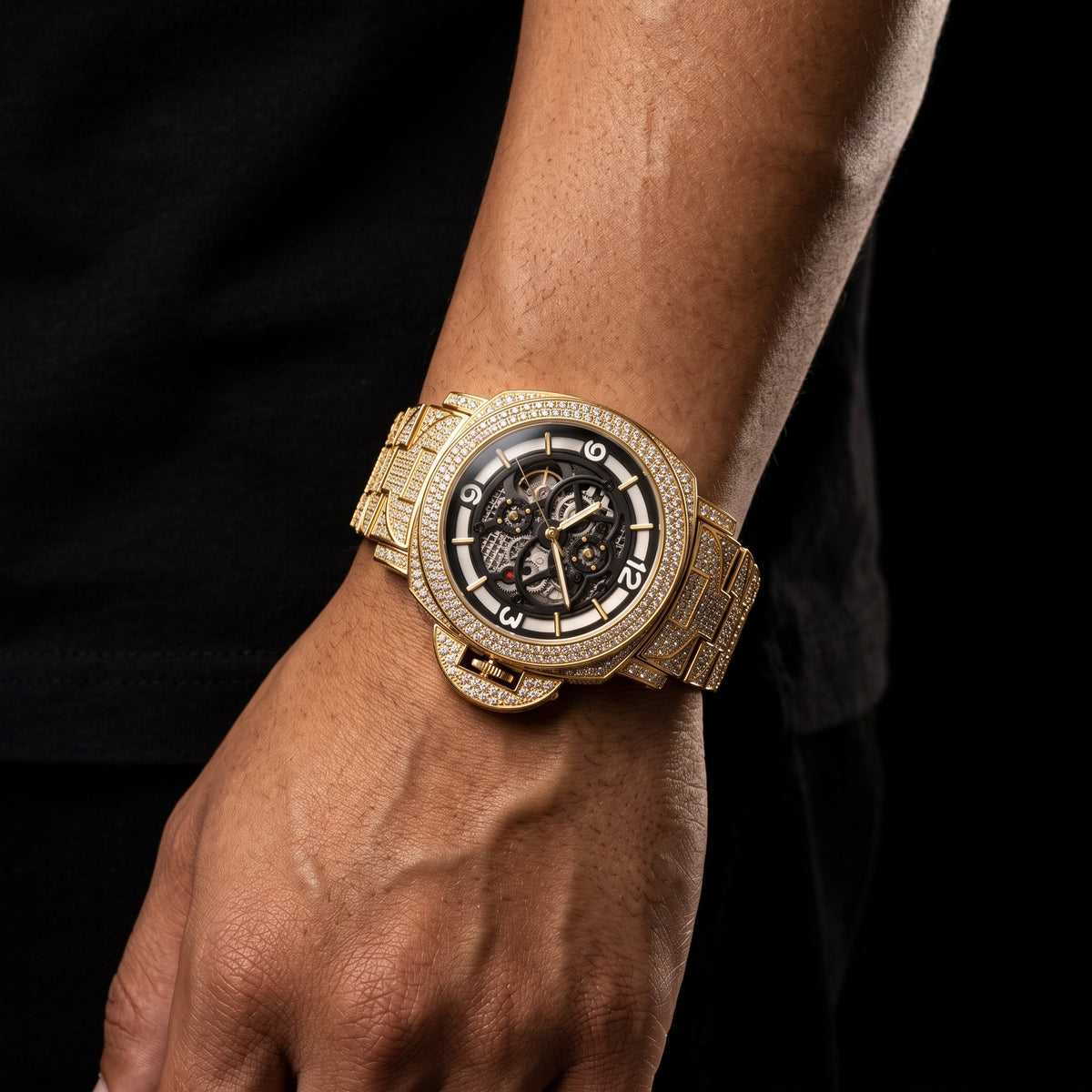 Automatic skeleton watch fully covered in pave stones