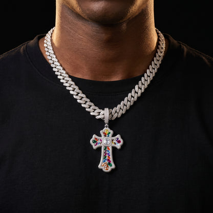 Moissanite Rainbow Budded Cross Pendant - Different Drips