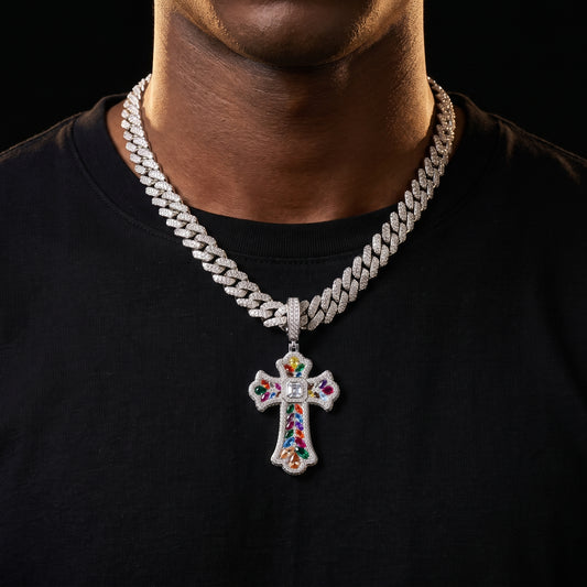 Rainbow budded cross pendant with multicolor stones and Asscher-cut moissanite center