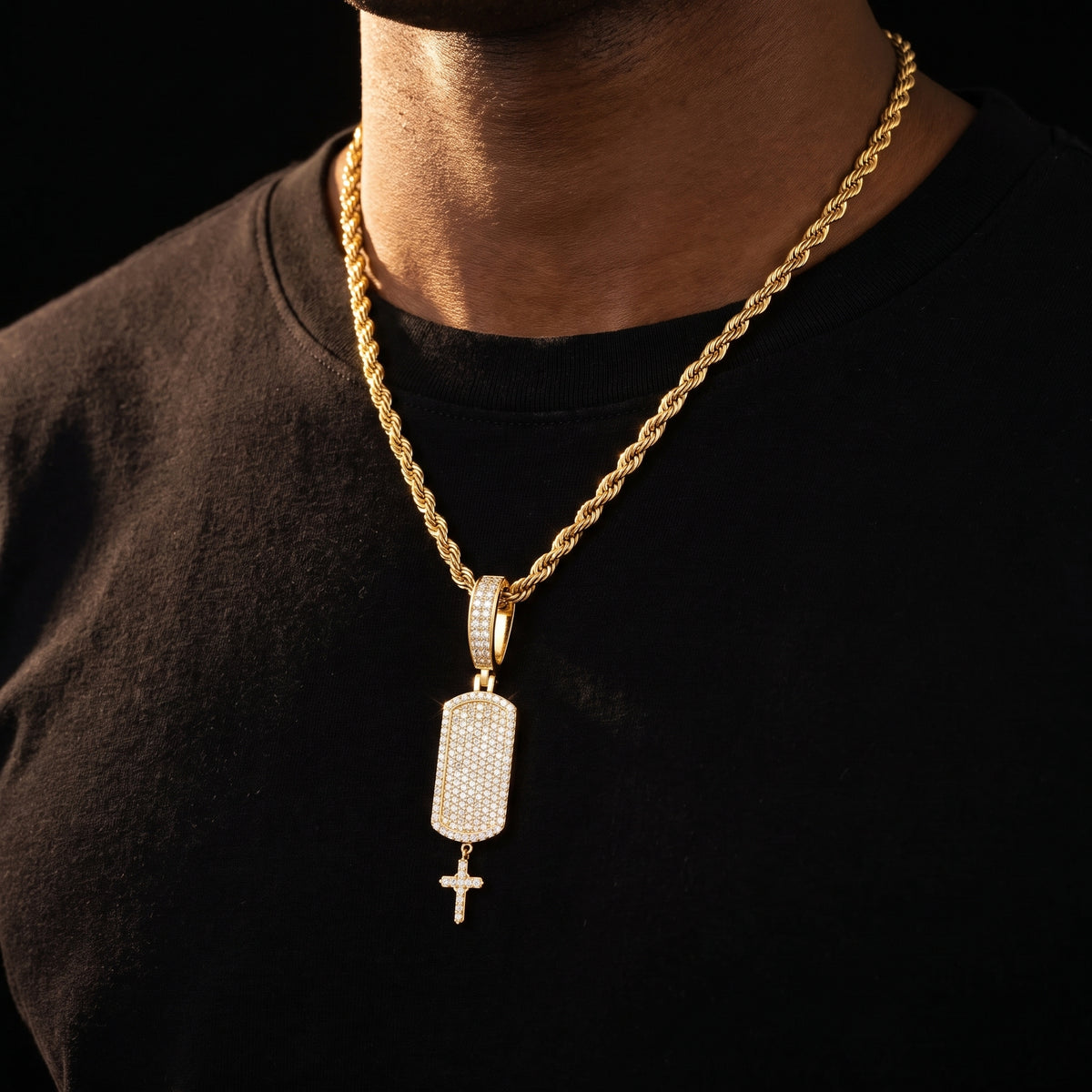 S925 Moissanite Iced Dog Tag Pendant with Dangling Cross - Different Drips