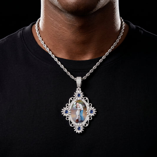 Custom photo pendant with flower frame of moissanite stones