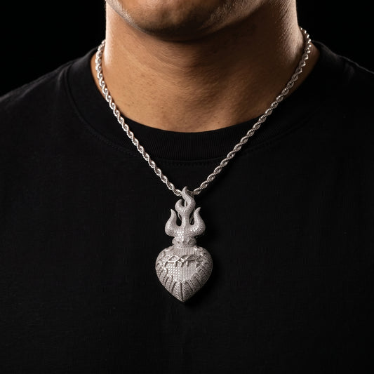 Thorned heart pendant with moissanite stones over sterling silver on a rope chain