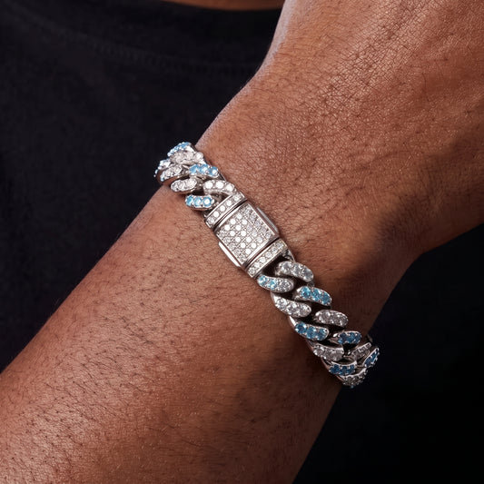 8mm Iced Blue & White Gold Cuban Bracelet - Different Drips