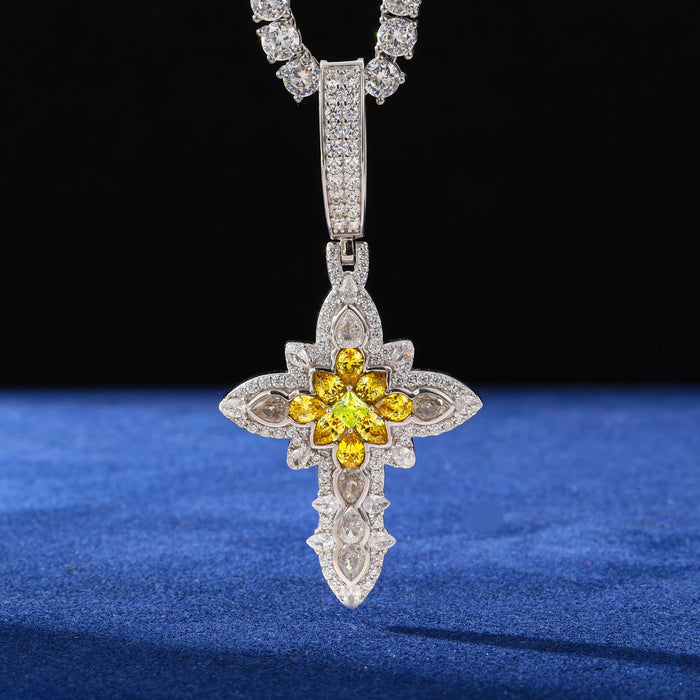 S925 Moissanite Royal Floral Cross Pendant - Different Drips