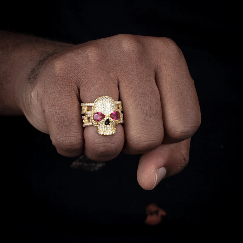 S925 Moissanite Diamond / Ruby Skull Cuban Ring - Different Drips