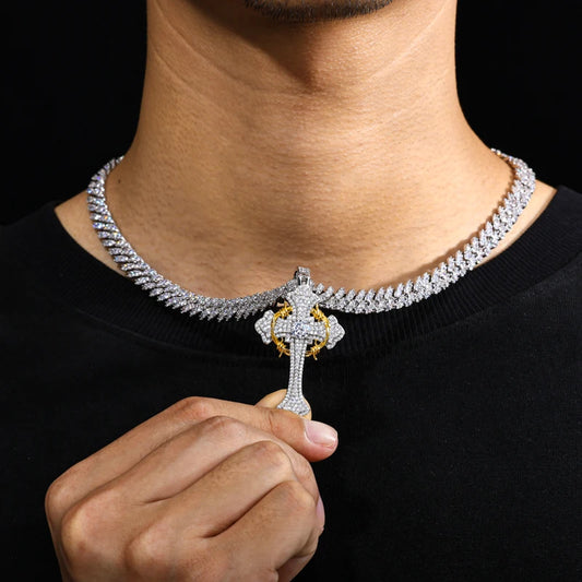 S925 Moissanite Two-Tone Cross Pendant with Crown Halo Detail - Different Drips