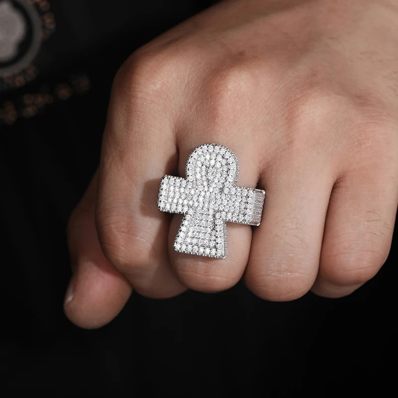 S925 Moissanite Pave Cluster Ankh Cross Ring - Different Drips