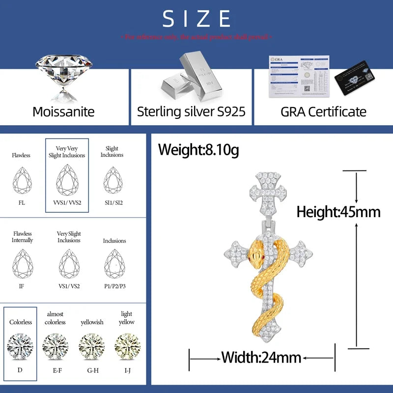 S925 Moissanite Diamond Cross & Snake Pendant - Different Drips