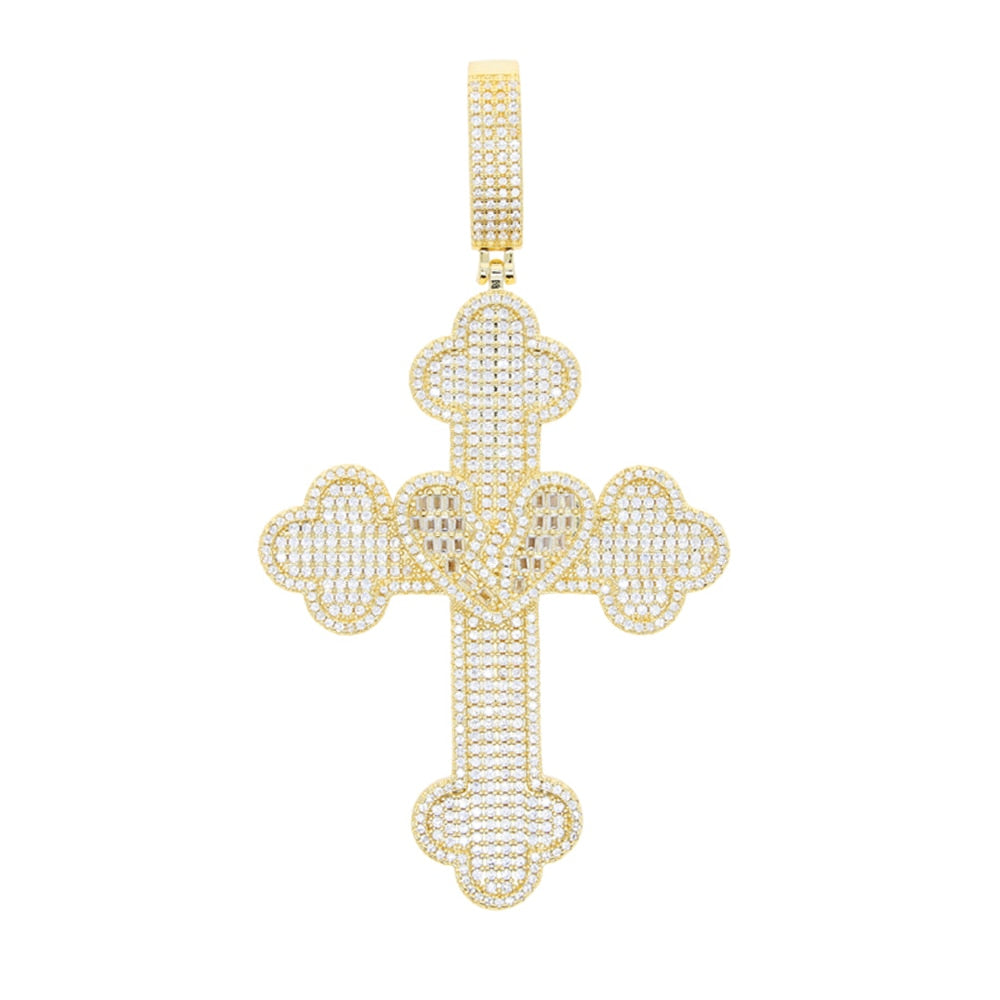 Iced Baguette Heart Cross Pendant - Different Drips