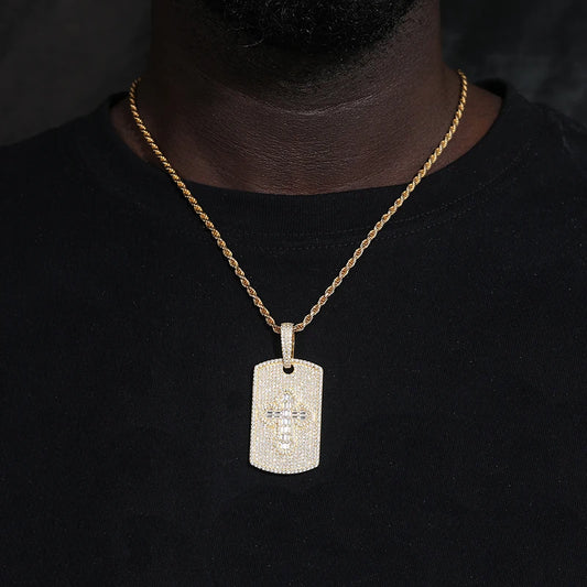 Moissanite dog tag pendant with baguette cross