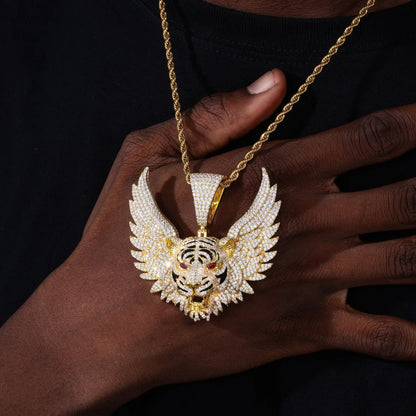 925 Sterling Silver Iced Out Winged Tiger Head Pendant Necklace - Different Drips