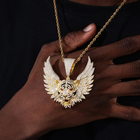 925 Sterling Silver Iced Out Winged Tiger Head Pendant Necklace - Different Drips