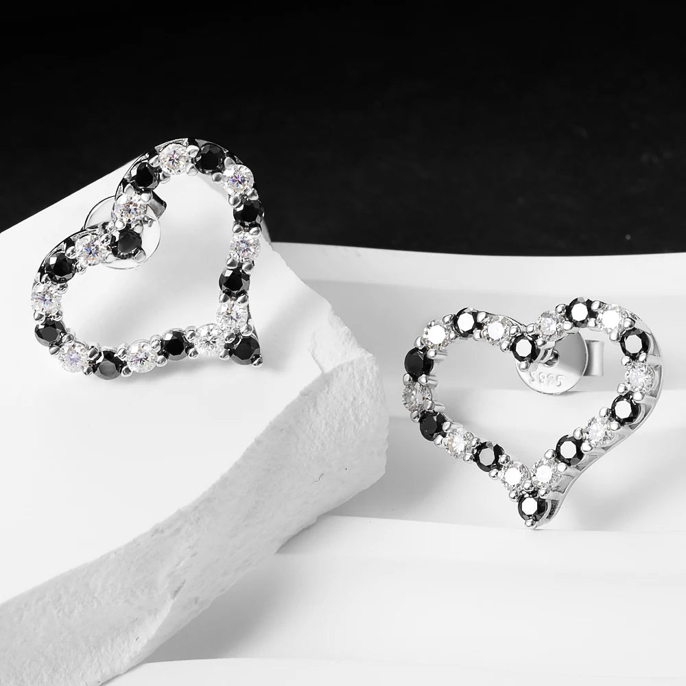 Women's 925 Moissanite Black / White Diamond Heart Earrings