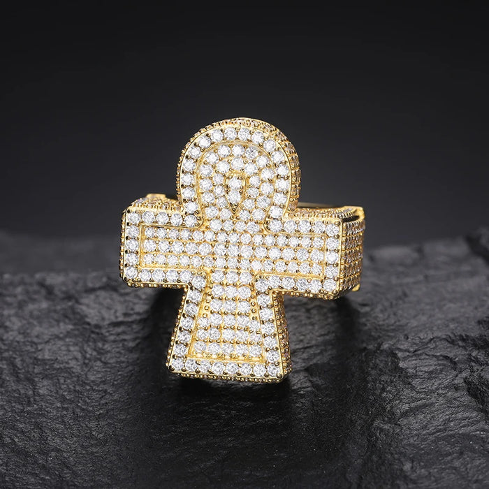 S925 Moissanite Pave Cluster Ankh Cross Ring - Different Drips