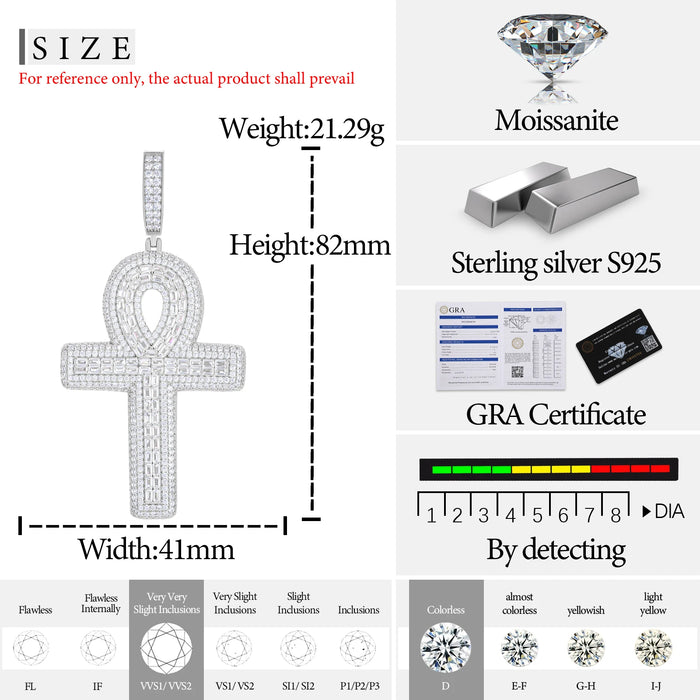 S925 Baguette Moissanite Ankh Pendant - Different Drips
