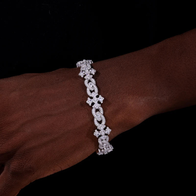 925 Sterling Silver Iced Out Moissanite Cross Link Bracelet - Different Drips