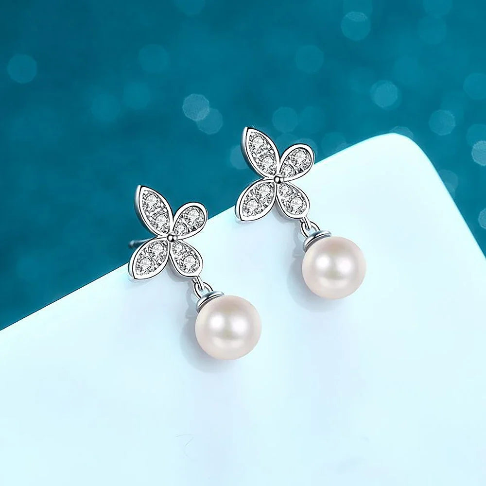 Women's S925 Moissanite Diamond Pearl Butterfly Earrings - Different Drips