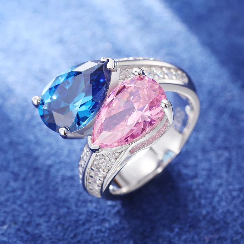 S925 Moissanite Pink & Blue Gem Ring - Different Drips