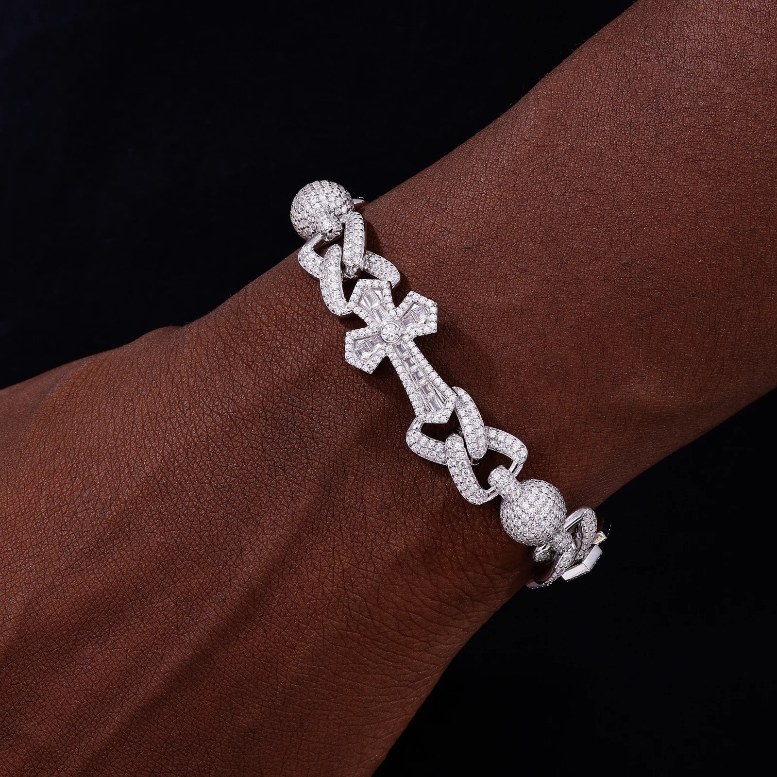 925 Sterling Silver Iced Out Moissanite Cross Link Bracelet - Different Drips