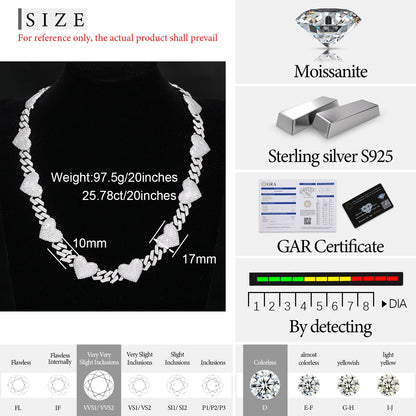 17mm S925 Moissanite Diamond Heart Stationed Cuban Link Chain - Different Drips