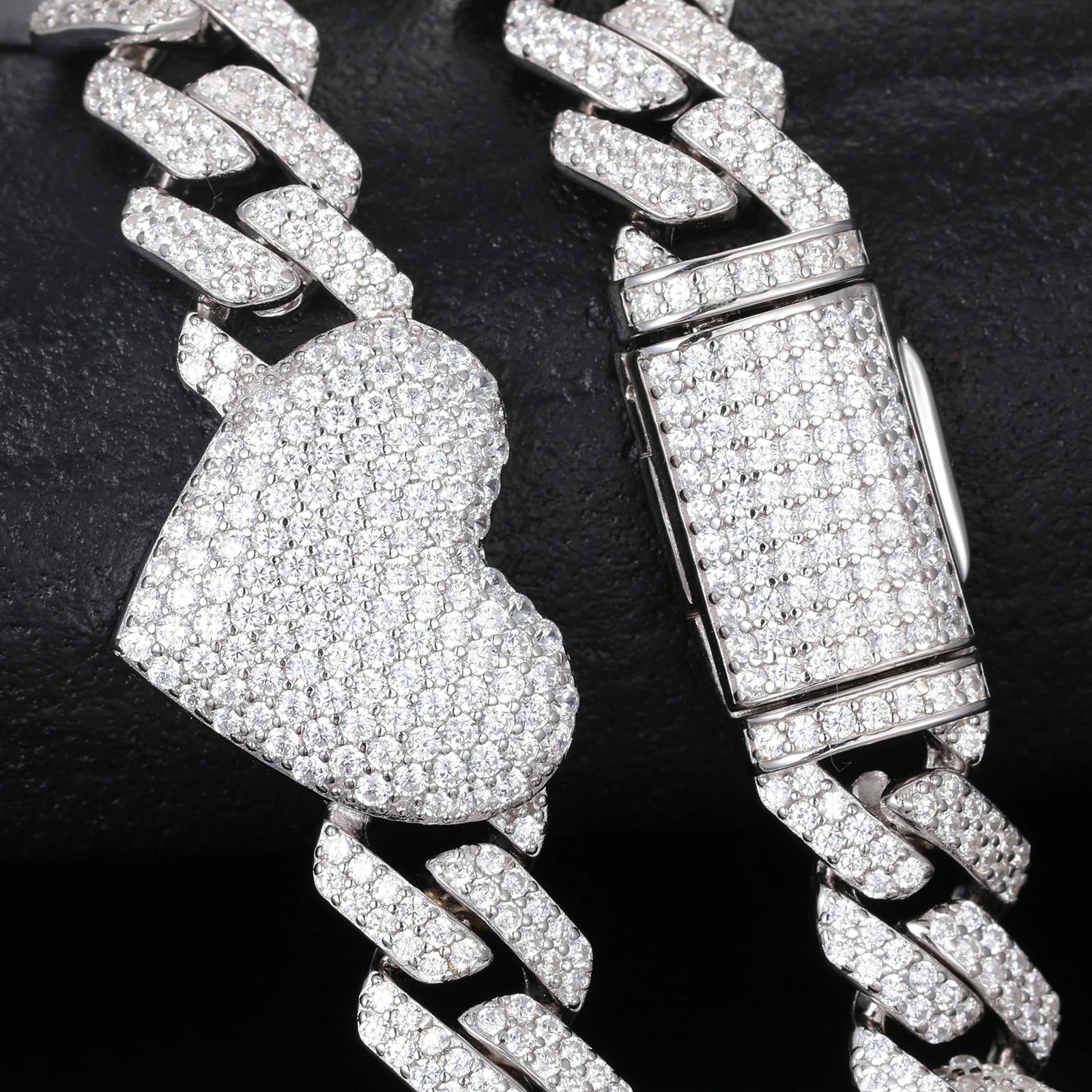 17mm S925 Moissanite Diamond Heart Stationed Cuban Link Chain - Different Drips