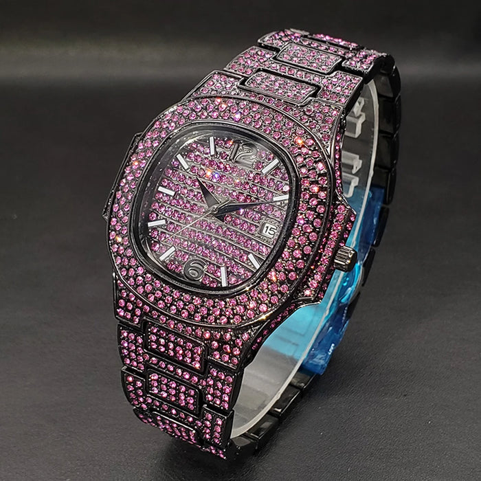 Bust Down Pink Cushion Case Watch with Date Window - Different Drips