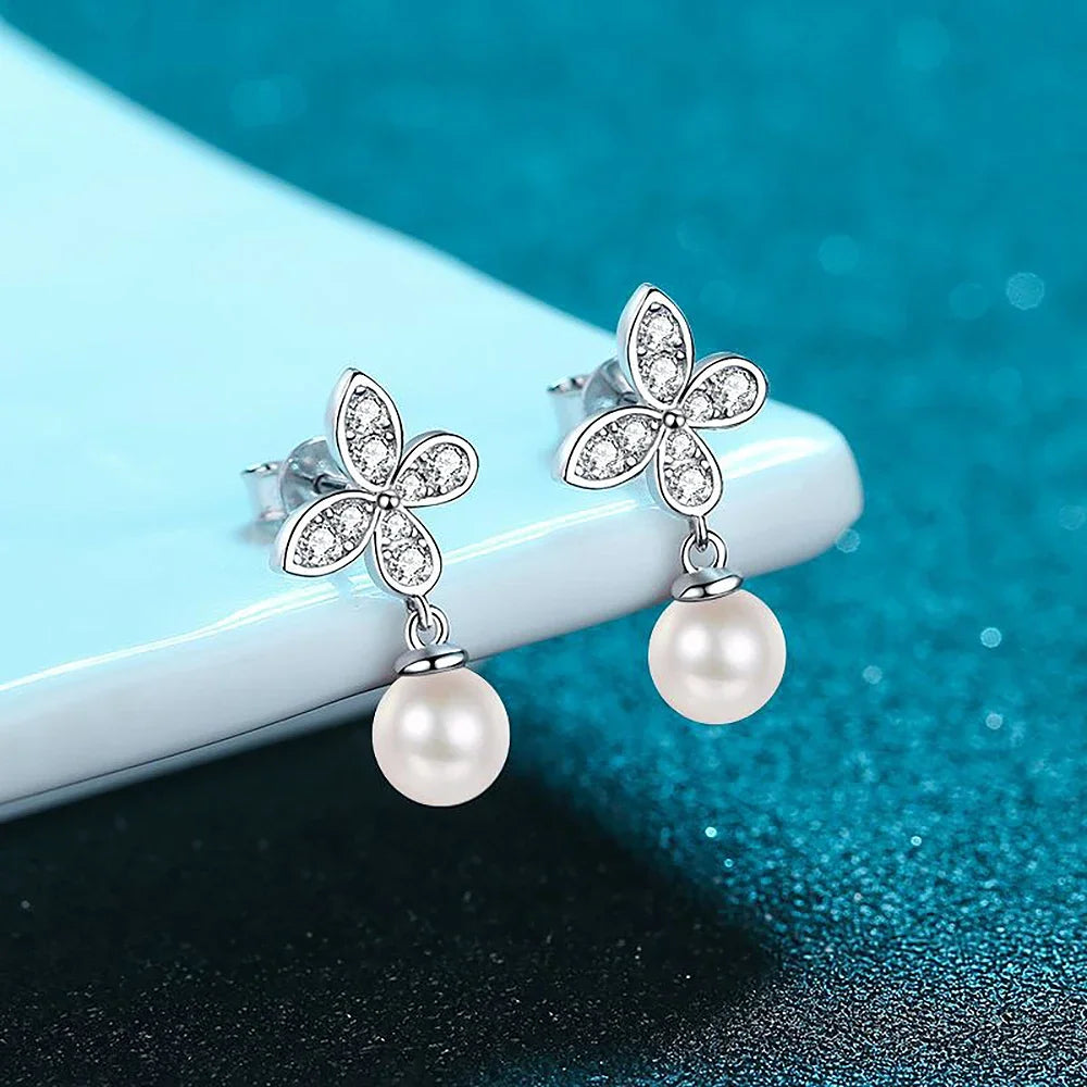 Women's S925 Moissanite Diamond Pearl Butterfly Earrings - Different Drips