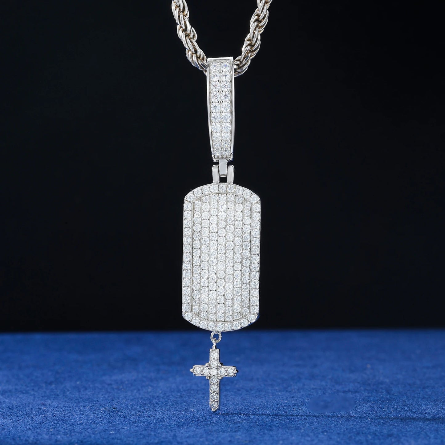 S925 Moissanite Iced Dog Tag Pendant with Dangling Cross - Different Drips